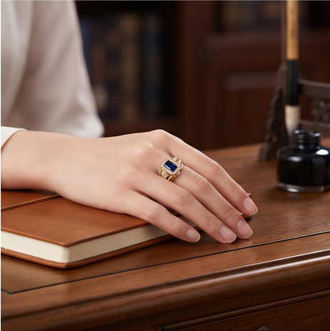 Royal Sapphire Leaf and Halo Statement Ring
