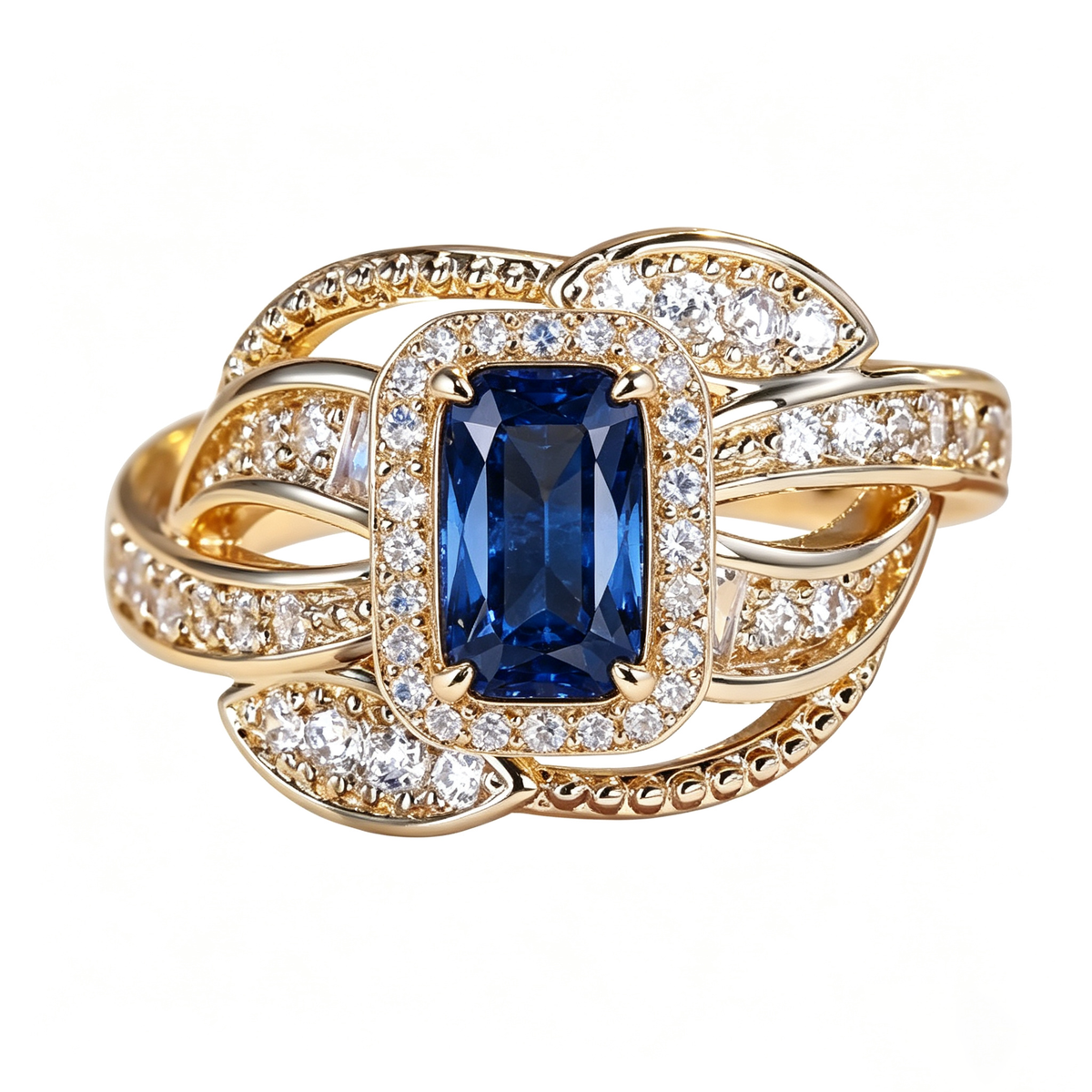 Royal Sapphire Leaf and Halo Statement Ring