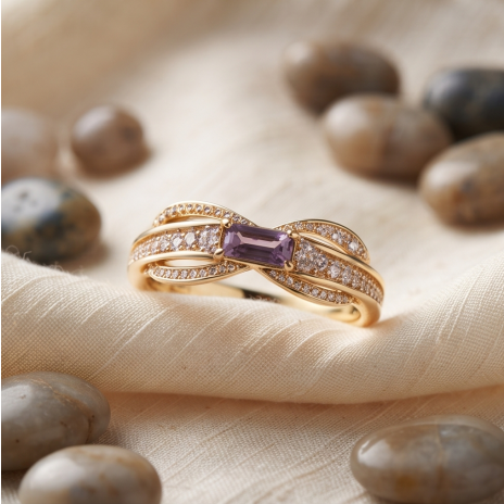 Lavender Baguette and Pavé Crossover Ring