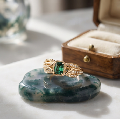 Regal Emerald-Cut Green Tourmaline Halo Ring