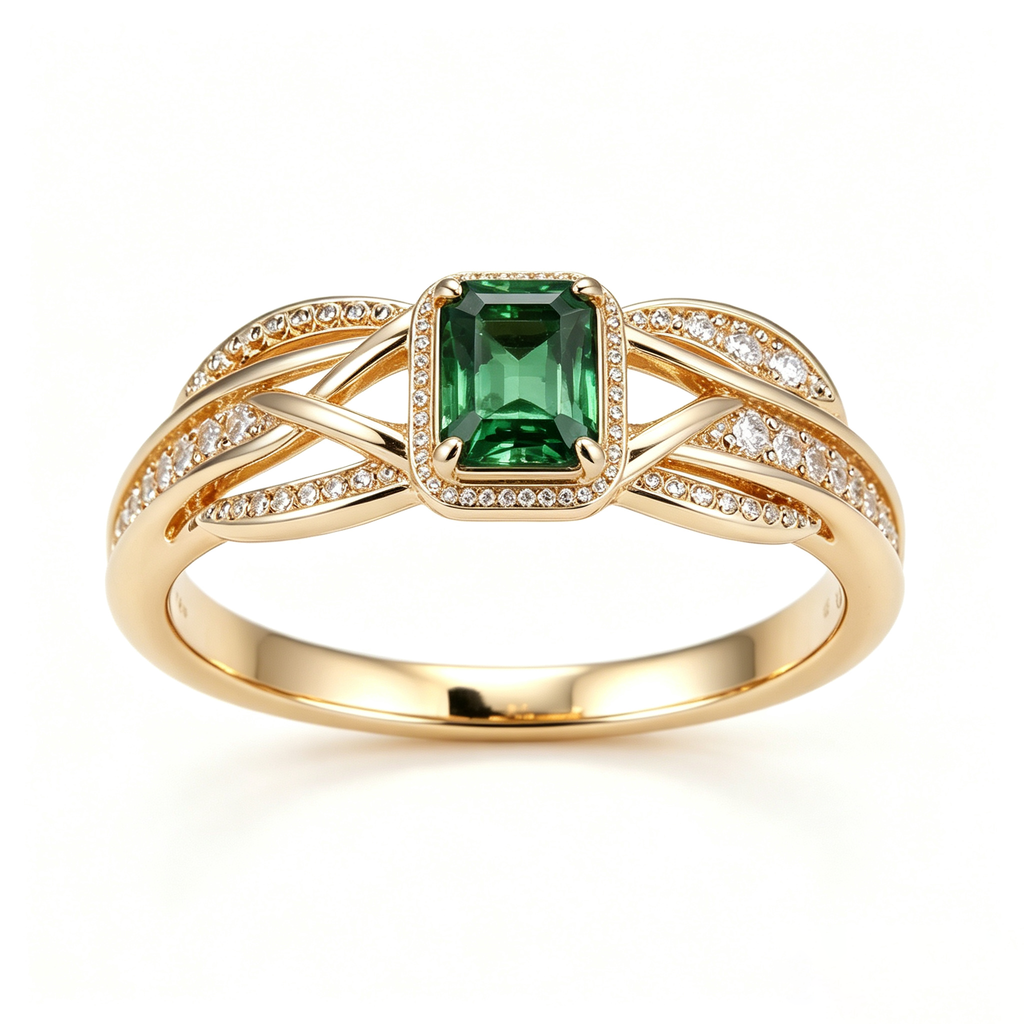 Regal Emerald-Cut Green Tourmaline Halo Ring