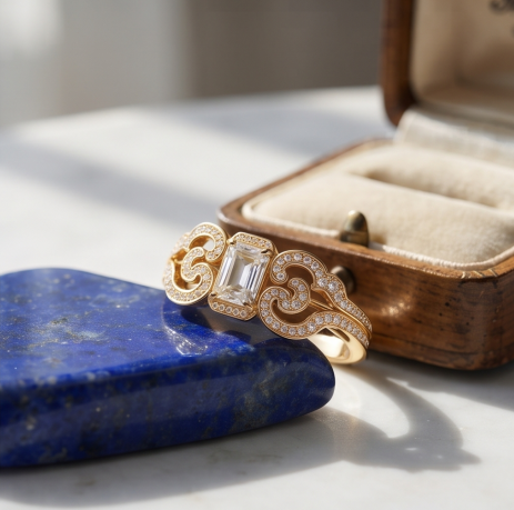 Baroque Scroll Emerald-Cut Statement Ring