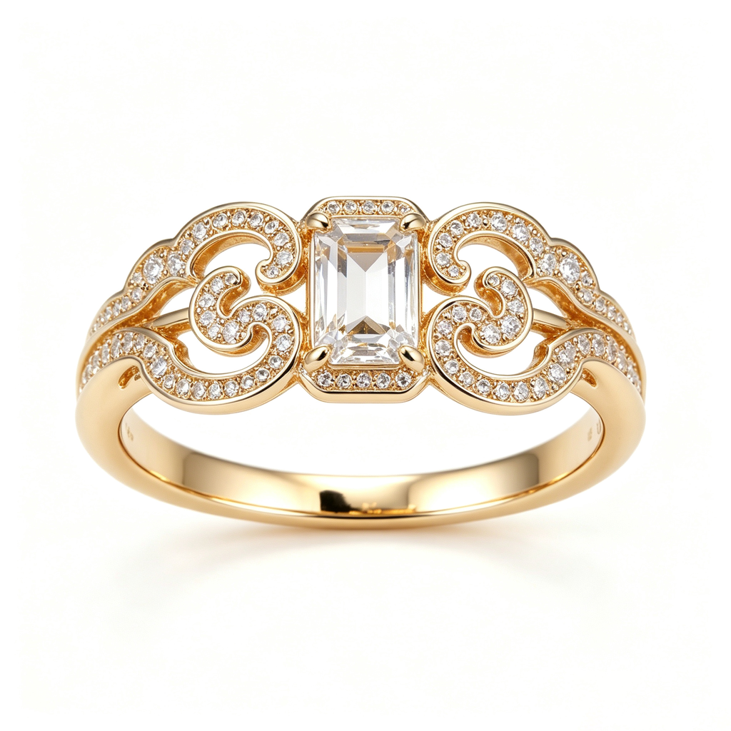 Baroque Scroll Emerald-Cut Statement Ring