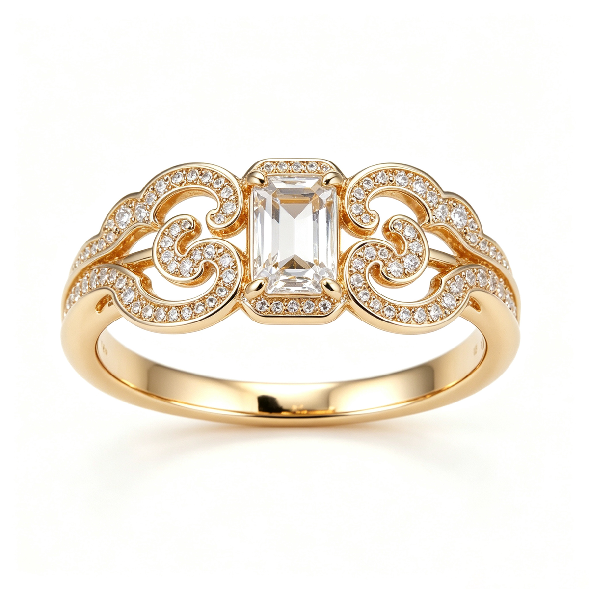 Baroque Scroll Emerald-Cut Statement Ring