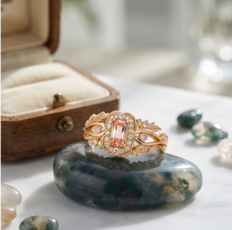 Peach Topaz and Botanical Halo Ring