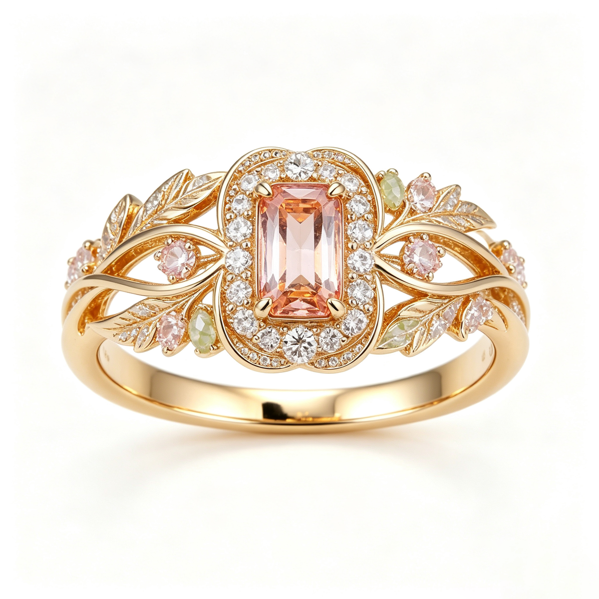 Peach Topaz and Botanical Halo Ring